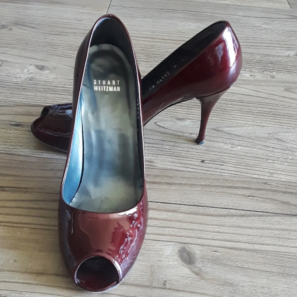 Stuart Weitzman peeptoe patent leather pumps